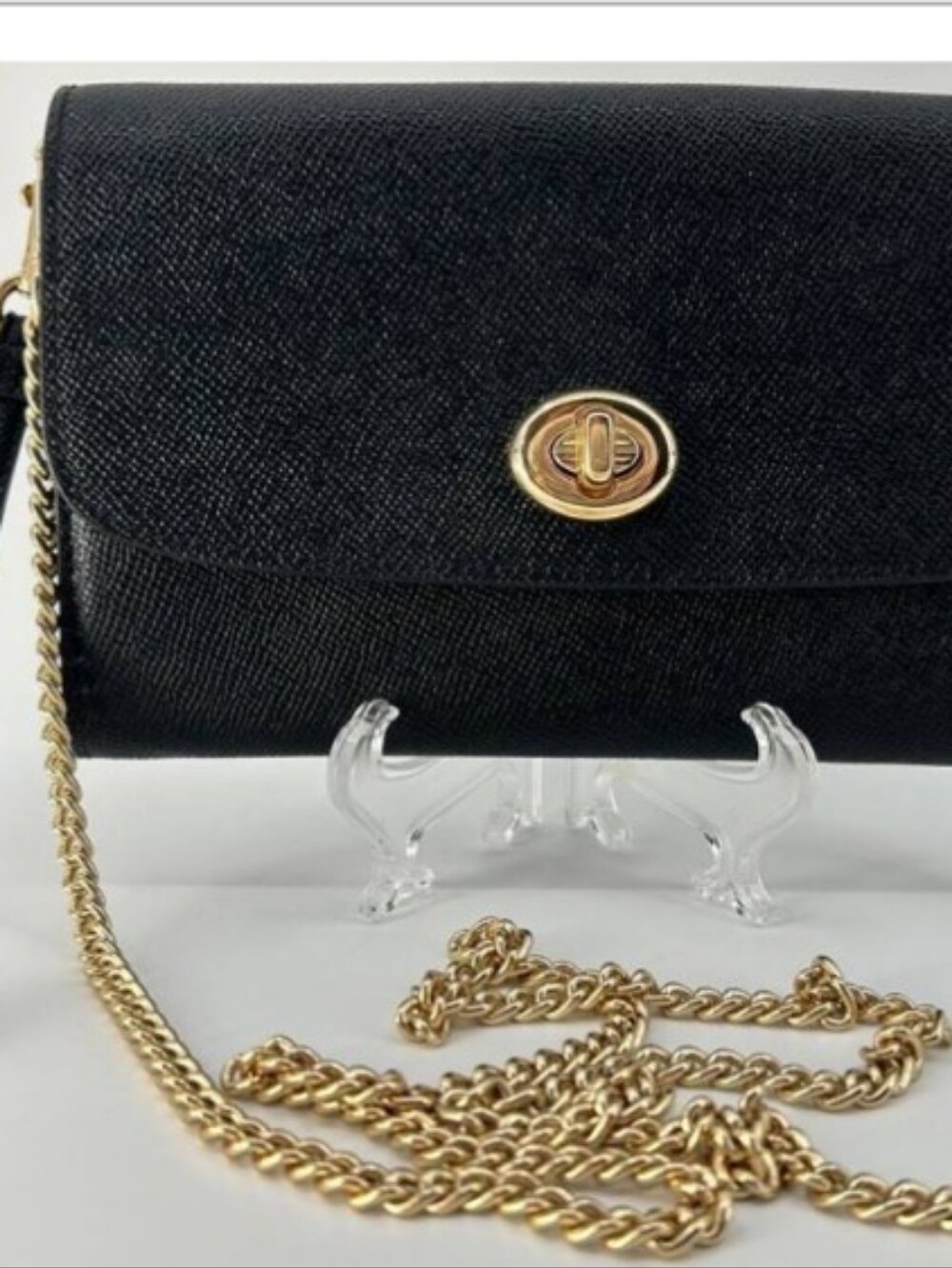Coach Black Saffiano Clutch with Gold Turnlock & Chain